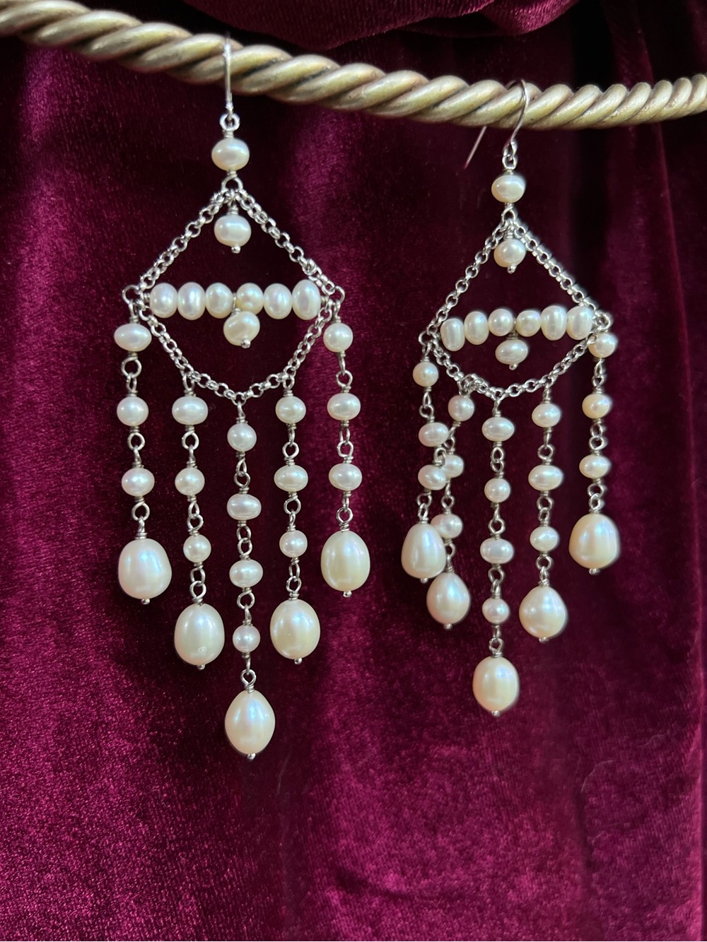 Vintage WW 925 Sterling Genuine Pearl Chandelier Bridal Statement Earrings 15g - Picture 7 of 7